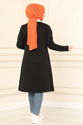 moda selvim 3333ASY563 اسود بلوز طويل - Thumbnail