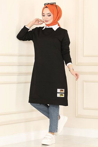 moda selvim 3333ASY563 اسود بلوز طويل - Thumbnail