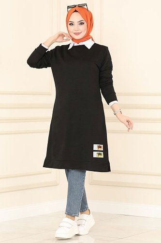 moda selvim 3333ASY563 اسود بلوز طويل - Thumbnail