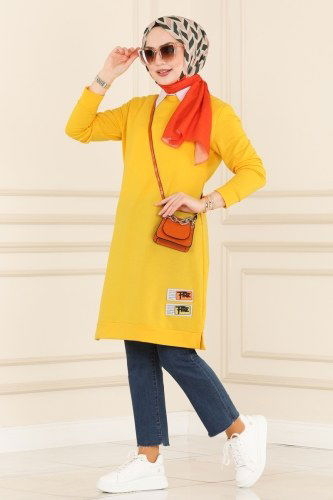 moda selvim 3333ASY563 الزعفران بلوز طويل - Thumbnail