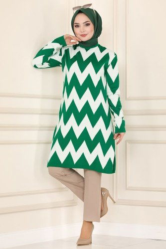 moda selvim 352MT581 اللون الأخضر بلوز طويل - Thumbnail