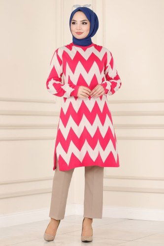 moda selvim 352MT581 فوشي بلوز طويل - Thumbnail
