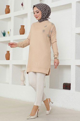 moda selvim 4004YNS793 بيج بلوز طويل - Thumbnail