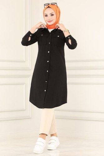 moda selvim 4010RMZ787 اسود بلوز طويل - Thumbnail