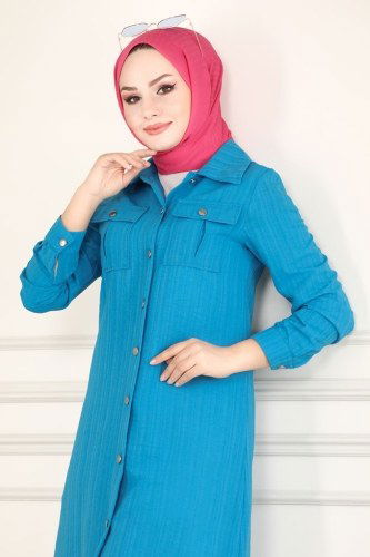 moda selvim 4010RMZ787 سماوي بلوز طويل - Thumbnail