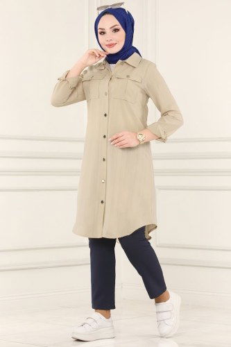 moda selvim 4010RMZ787 قمحي بلوز طويل - Thumbnail
