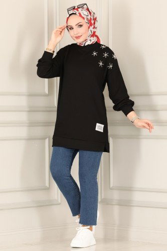 moda selvim 4348NWF762 اسود بلوز طويل - Thumbnail