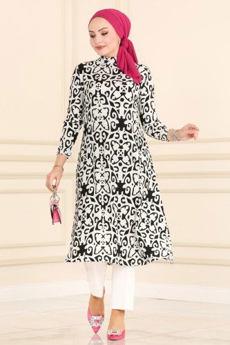 moda selvim Tunic 4350-1NWF762 Pattern 1 Black - Thumbnail