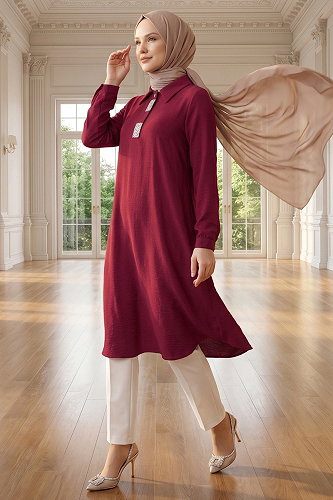 moda selvim Tunic 5010BM387 Burgundy - Thumbnail
