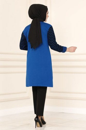 moda selvim 555MT581 ازرق بلوز طويل - Thumbnail