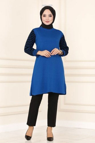 moda selvim 555MT581 ازرق بلوز طويل - Thumbnail