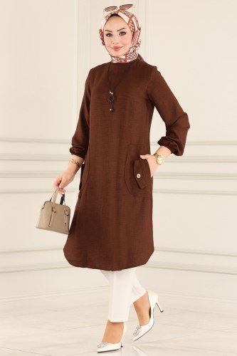 moda selvim 5882BSK463 بني غامق بلوز طويل - Thumbnail