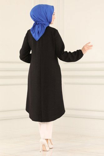moda selvim 5882BSK463 اسود بلوز طويل - Thumbnail