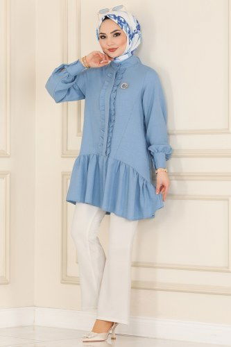 moda selvim 5898BSK463 لون ريشي بلوز طويل - Thumbnail
