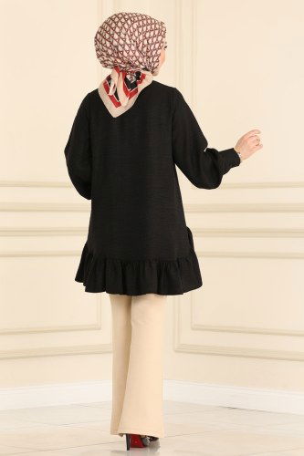moda selvim 5898BSK463 اسود بلوز طويل - Thumbnail