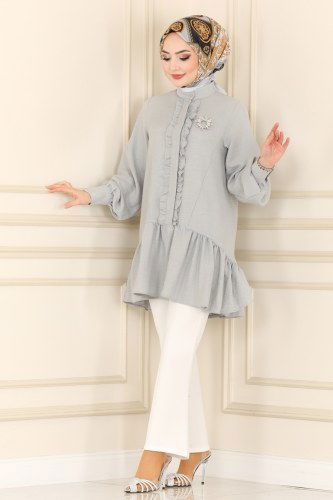 moda selvim 5898BSK463 الفضي بلوز طويل - Thumbnail