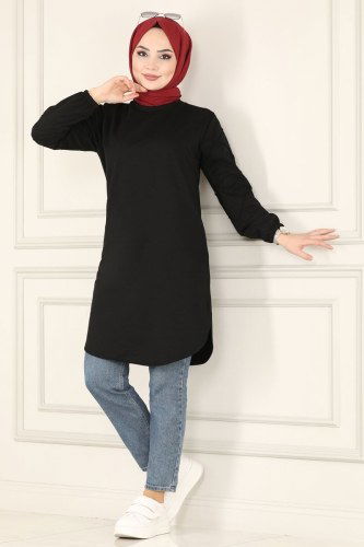 moda selvim 5998AYD574 اسود بلوز طويل - Thumbnail