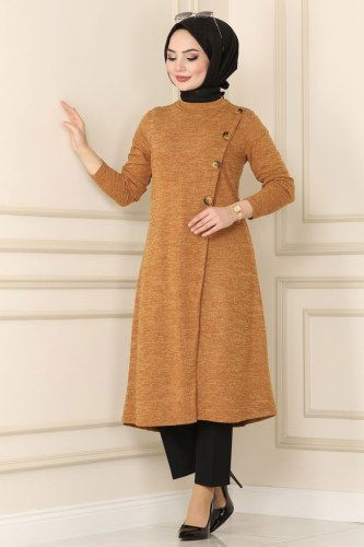 moda selvim 6011MRT754 لون رملي بلوز طويل - Thumbnail