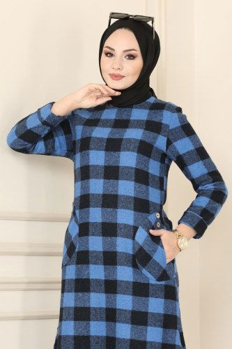 moda selvim 6778S324 ازرق&اسود بلوز طويل - Thumbnail