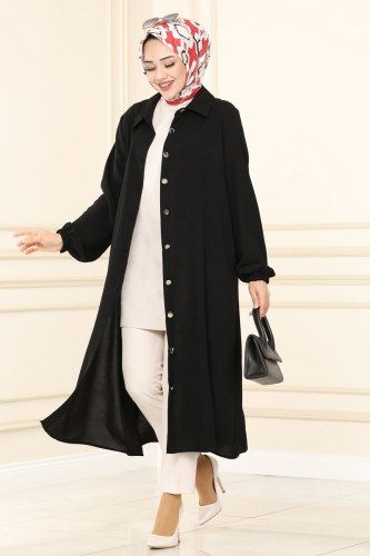 moda selvim 6796S324 اسود بلوز طويل - Thumbnail