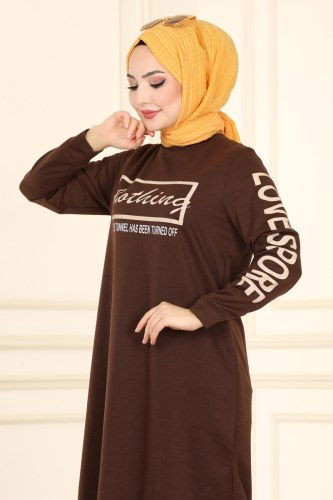 moda selvim 7045NZR779 البني بلوز طويل - Thumbnail