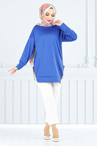 moda selvim بلوز نيلي 7220AYD969-M - Thumbnail