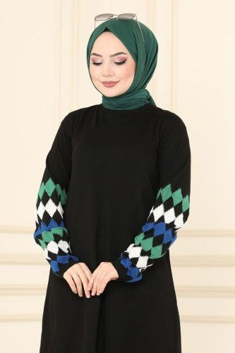 moda selvim 741MT581 اسود بلوز طويل - Thumbnail
