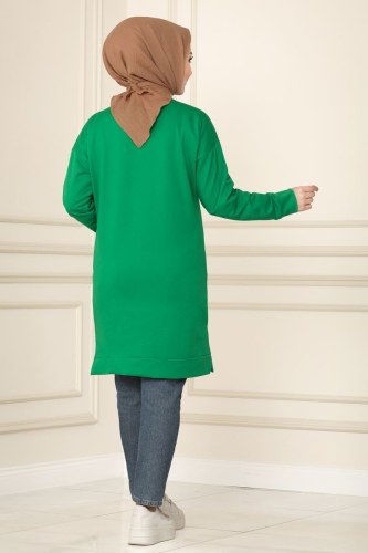 moda selvim 7823AYD574 اللون الأخضر بلوز طويل - Thumbnail