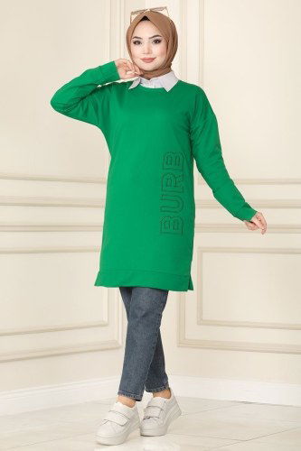 moda selvim 7823AYD574 اللون الأخضر بلوز طويل - Thumbnail