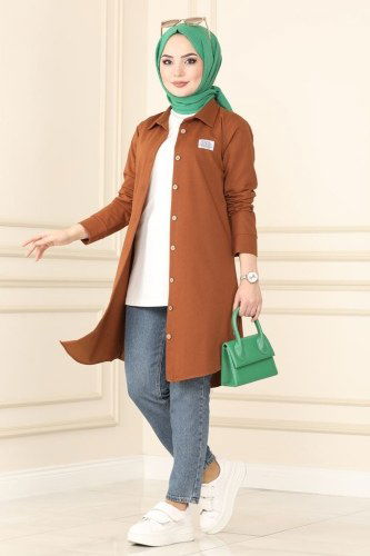 moda selvim 7886AYD574 رملي بلوز طويل - Thumbnail