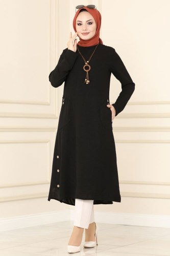 moda selvim 850S324 اسود بلوز طويل - Thumbnail