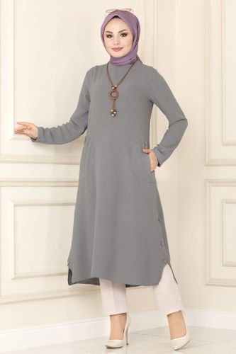 moda selvim 850S324 الفضي بلوز طويل - Thumbnail
