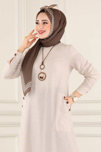 moda selvim 875S324 لون البيج بلوز طويل - Thumbnail