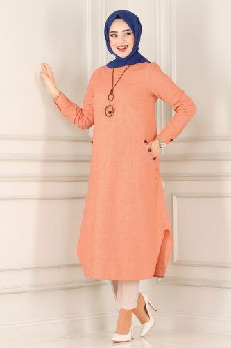 moda selvim 875S324 اللون المرجاني بلوز طويل - Thumbnail