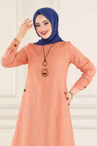moda selvim 875S324 اللون المرجاني بلوز طويل - Thumbnail