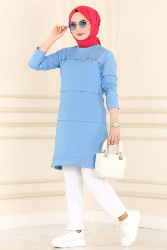 moda selvim 8842AYD574 سماوي بلوز طويل - Thumbnail
