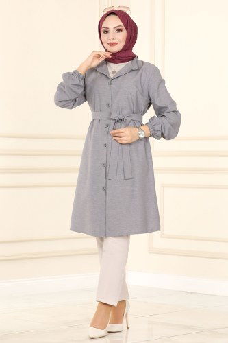 moda selvim 9015AKT473 الفضي بلوز طويل - Thumbnail