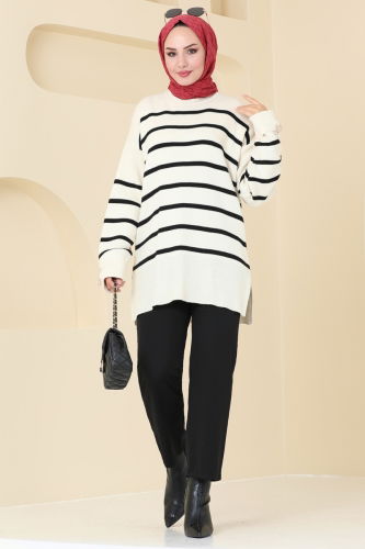 moda selvim Tunic 9565KL398 Ecru & Black - Thumbnail