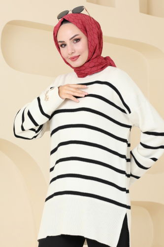 moda selvim Tunic 9565KL398 Ecru & Black - Thumbnail