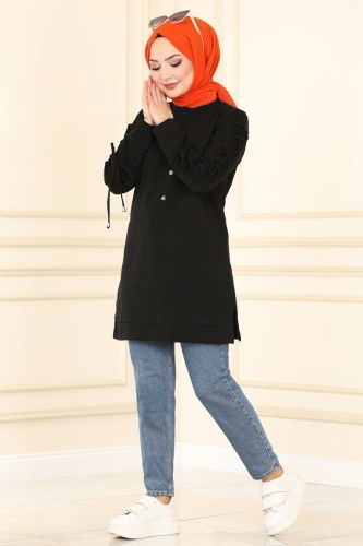 moda selvim 9901AYD574 اسود بلوز طويل - Thumbnail