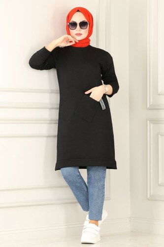 moda selvim 9992AYD574 اسود بلوز طويل - Thumbnail