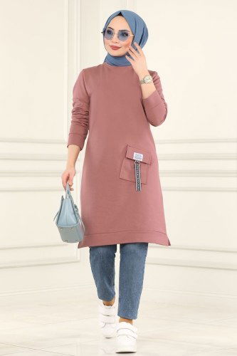 moda selvim 9992AYD574 الزهري بلوز طويل - Thumbnail