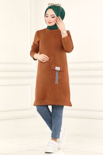 moda selvim 9992AYD574 رملي بلوز طويل - Thumbnail