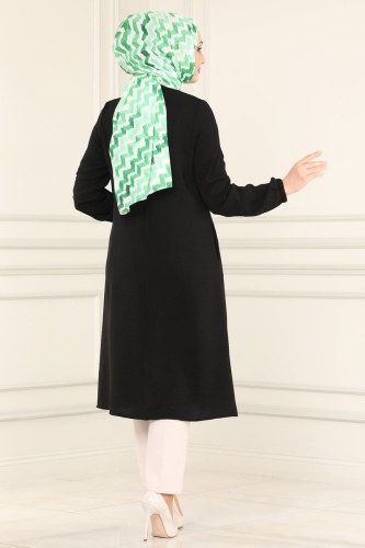 moda selvim PL8048 اسود بلوز طويل - Thumbnail