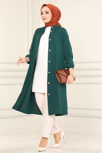 moda selvim PL8048 الزيتي بلوز طويل - Thumbnail