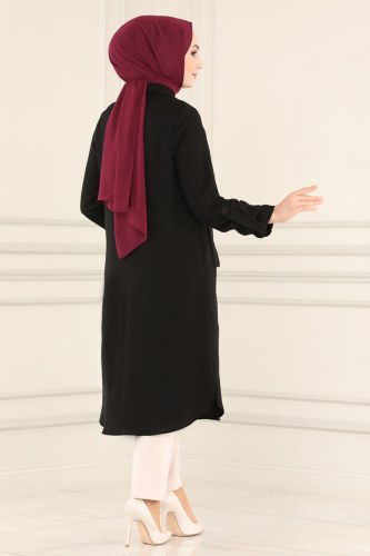 moda selvim PL8051 اسود بلوز طويل - Thumbnail