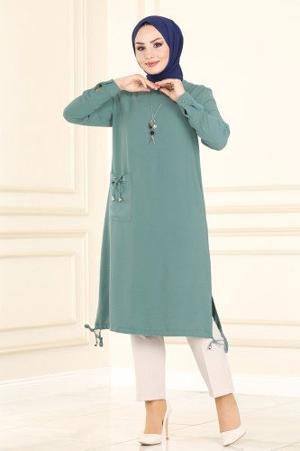 moda selvim PL8052 تركوازي بلوز طويل - Thumbnail