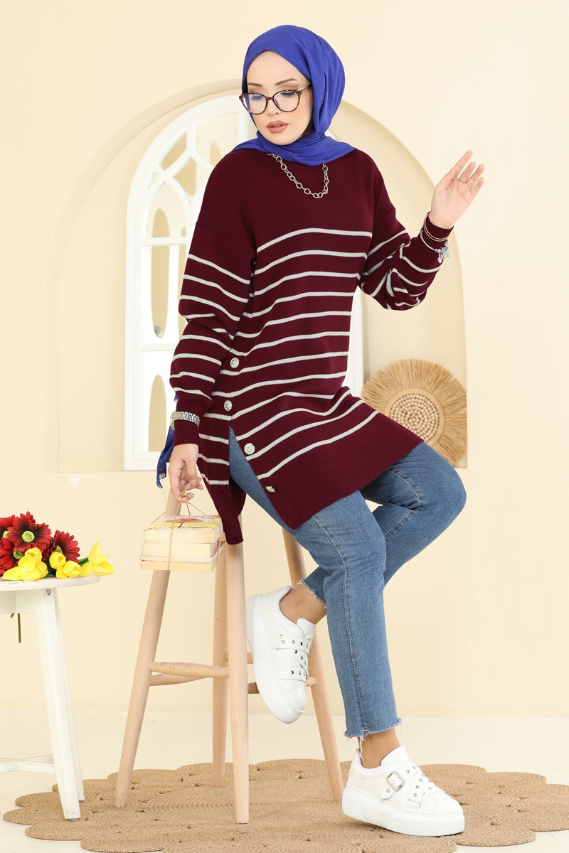 Tuniği Çizgili Triko Tunik 2751AYD574 Bordo