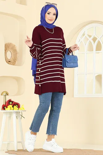 moda selvim Tuniği Çizgili Triko Tunik 2751AYD574 Bordo - Thumbnail