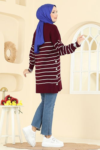 moda selvim Tuniği Çizgili Triko Tunik 2751AYD574 Bordo - Thumbnail